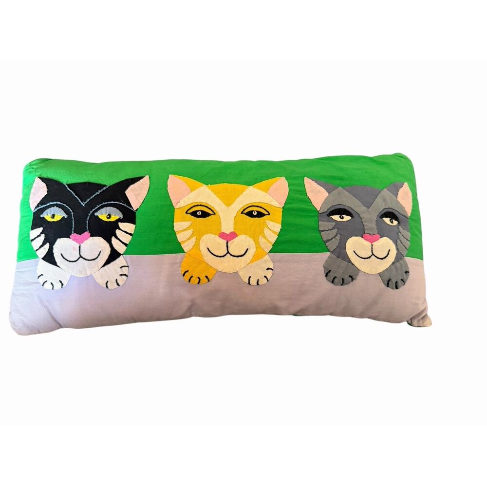 Eclectic Cat Lumbar Throw Pillow Patched Art Green Small Accent‎ 11” Handmade